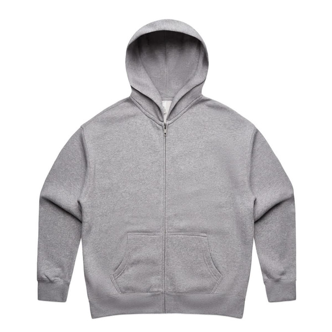 A grey zip-up hoodie with a hood and front pockets, featuring a logo.