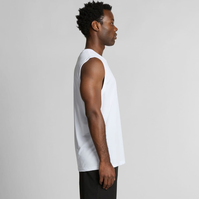 A sleeveless white tank top displayed on a model from the side, featuring a logo on the fabric.