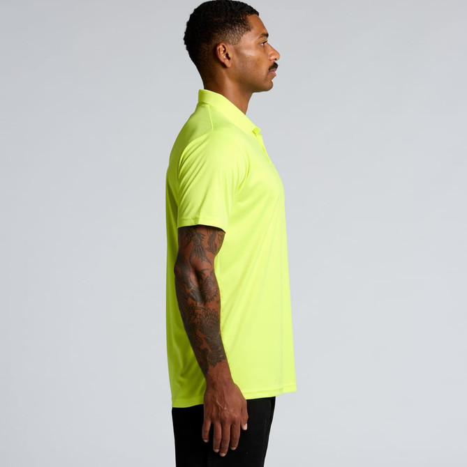 A side view of a bright yellow polo shirt with a casual fit, featuring a logo on the chest.
