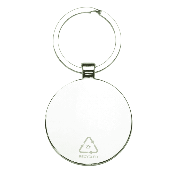 A circular keyring made from recycled zinc alloy with a shiny metal finish and a simple design.