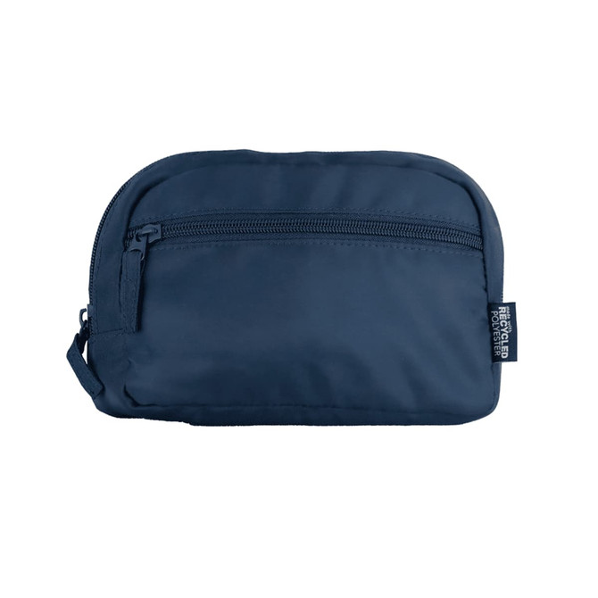 A navy blue recycled sport bum bag with a zippered compartment and a brand tag.