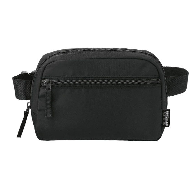 A black recycled sport bum bag with a front zip pocket and an adjustable strap; features branding.