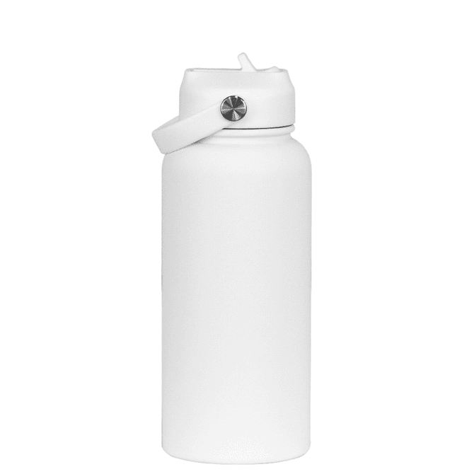 A drink bottle in white with a rubber coating and a screw cap, featuring a carrying strap and a logo.