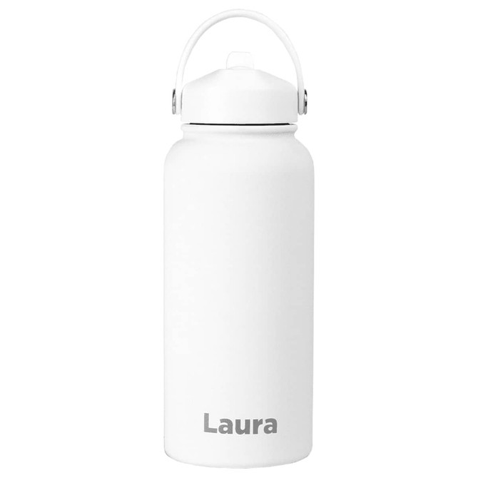 A drink bottle with a rubber coating, featuring a white exterior and a handle. The bottle has a logo on it.