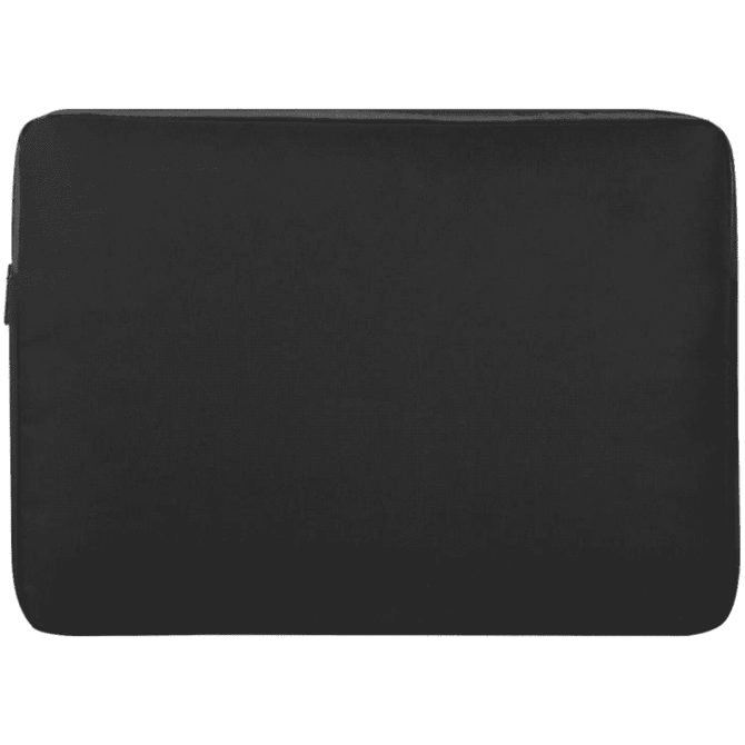 A black recycled laptop sleeve with a zipper closure and a logo on the side. Suitable for a 15.6" laptop.