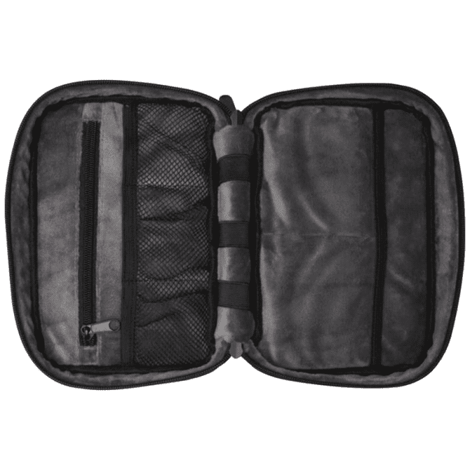 A grey recycled organiser pouch with multiple compartments and a mesh pocket, featuring a branding logo.