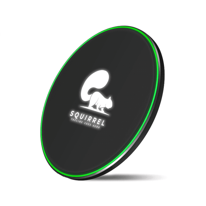 A black wireless charger with a green LED ring and a logo. It features a smooth surface.