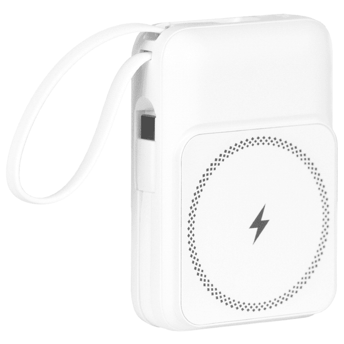 A white portable power bank with a handle, featuring a lightning symbol and a circular design.