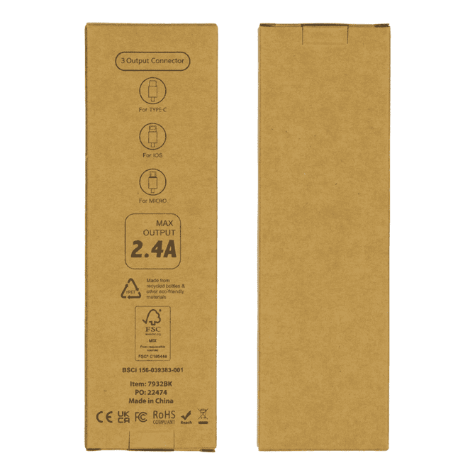 A cardboard packaging containing a 6-in-1 charging cable with multiple output connectors. The design is minimalist and eco-friendly.