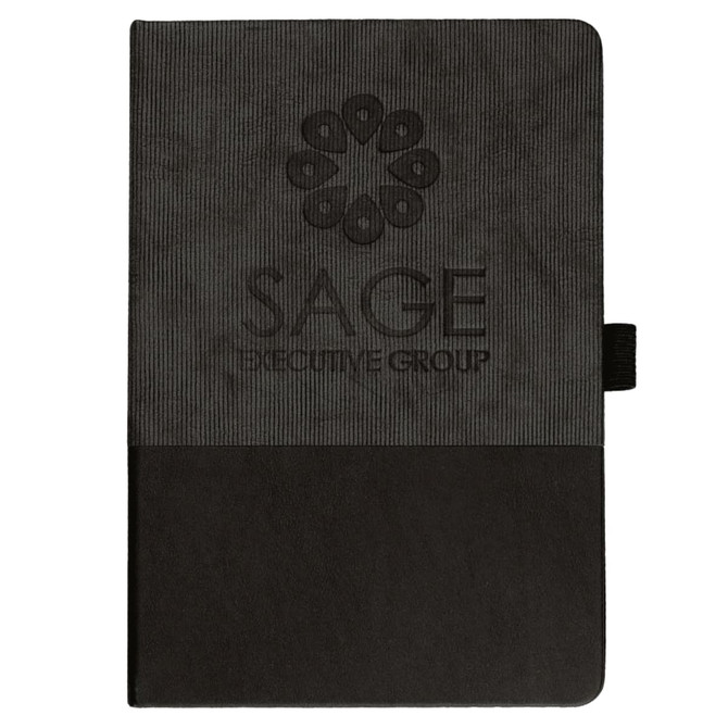 A5 Thermo Notebook with a textured grey cover and black bottom, featuring a logo on the front.