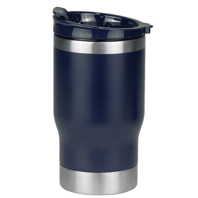 A drink bottle in navy blue with a stainless steel base, designed as a 2-in-1 tumbler cooler. Features a logo.