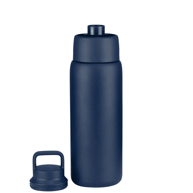 A drink bottle in navy blue with a matching screw-on lid, featuring a logo on the side.