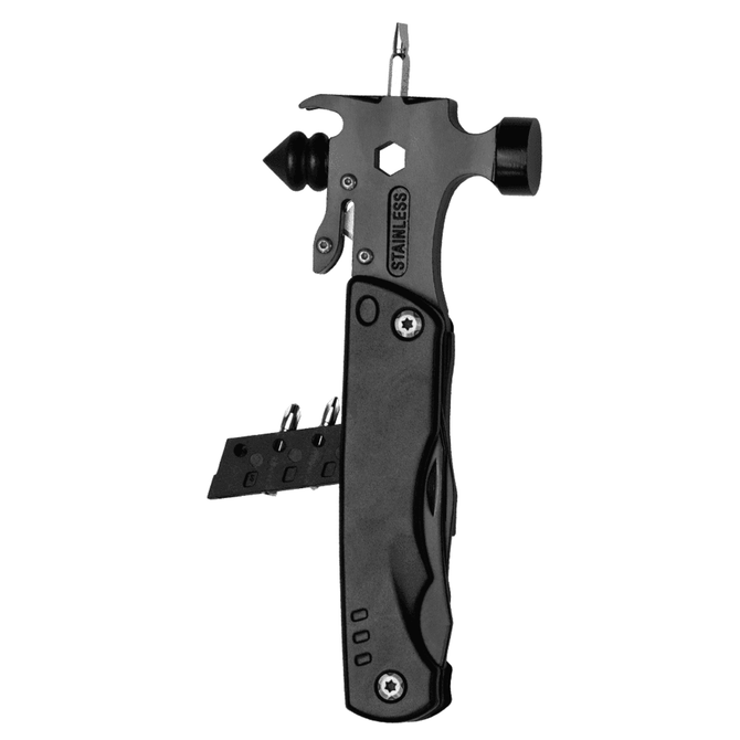 A stainless steel multi-tool and survival hammer with a black ergonomic handle and multiple attachments.