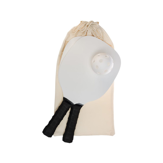 A pickleball set featuring two paddles and a plastic ball, all packaged in a soft drawstring bag.