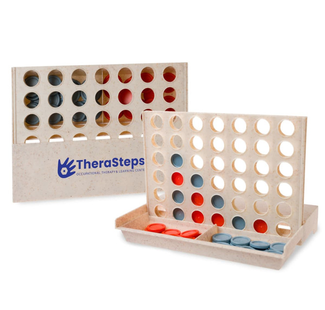 A wheat straw game set featuring a light beige board with red and gray discs. It includes a logo on the front.