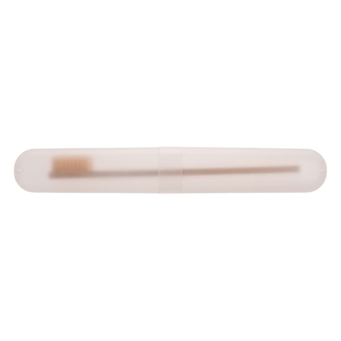 A clear plastic toothbrush case containing a toothbrush. The case is elongated and smooth in design.