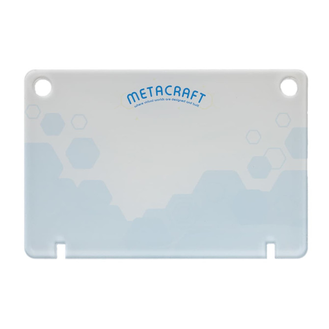 A sleek, light blue note holder with rounded corners and a logo at the top.