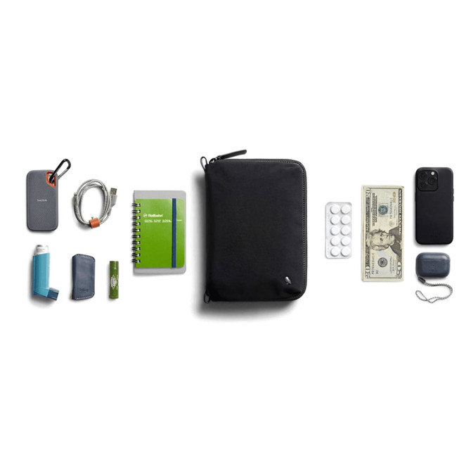 A black toiletry bag with various items including a drink bottle, notebook, cash, and an inhaler. It has a logo.