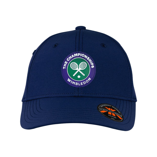 A navy cap featuring a circular logo with tennis rackets and the text "The Championships Wimbledon."