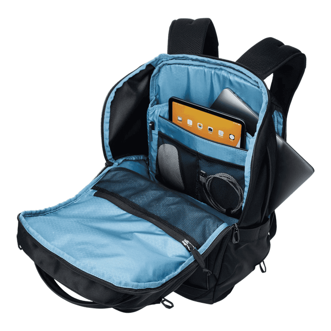 A black backpack with a blue interior, featuring compartments for a tablet, documents, and accessories.