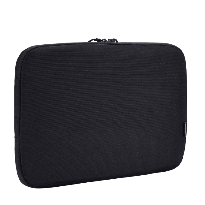 A 16-inch laptop sleeve in black, featuring a simple design and a logo on the side.