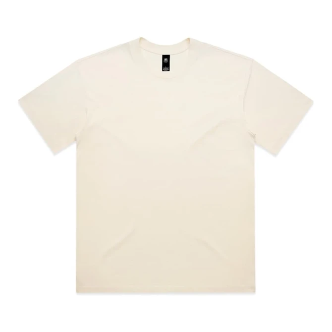 A cream-coloured t-shirt with short sleeves and a logo on the neckline.