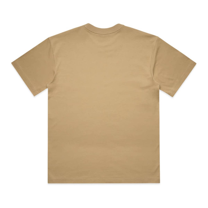 A plain khaki T-shirt with short sleeves and a round neckline, featuring a logo on the back.