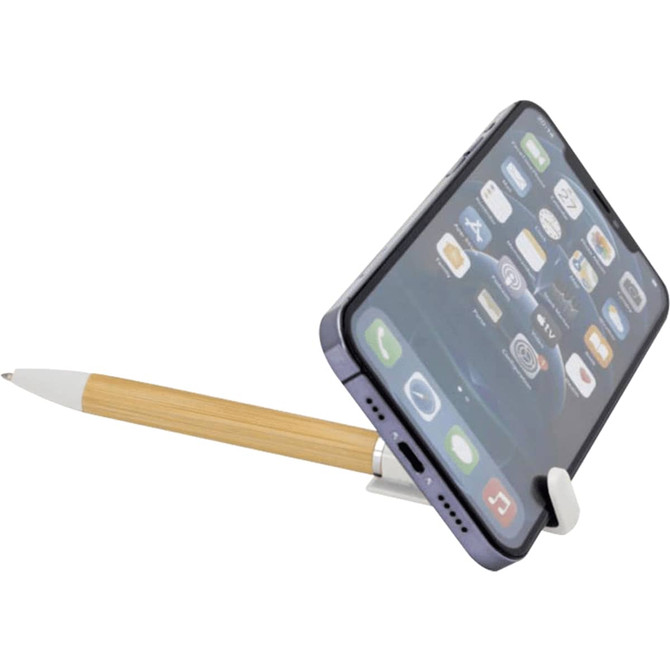 A phone holder pen in natural wood and white, designed to support a smartphone upright.