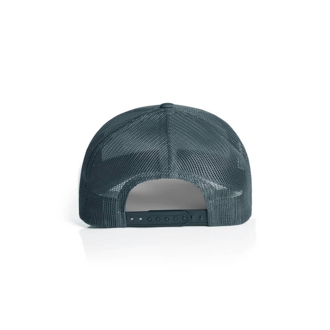 A dark grey mesh trucker cap featuring a snapback closure and a breathable design.