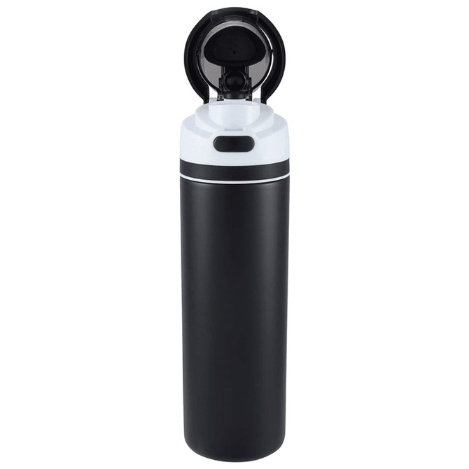 A drink bottle made of recycled stainless steel, featuring a black body and a white flip straw lid, with a logo.