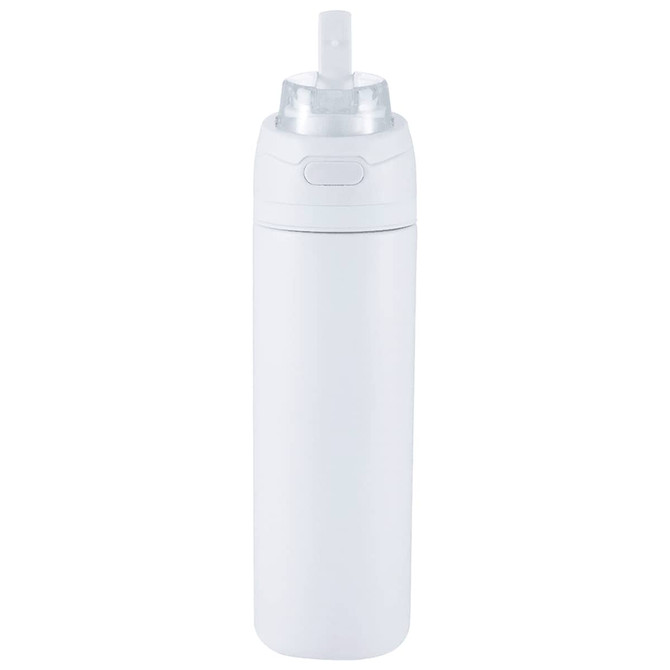 A drink bottle in white, featuring a flip straw and a logo, made from recycled stainless steel.