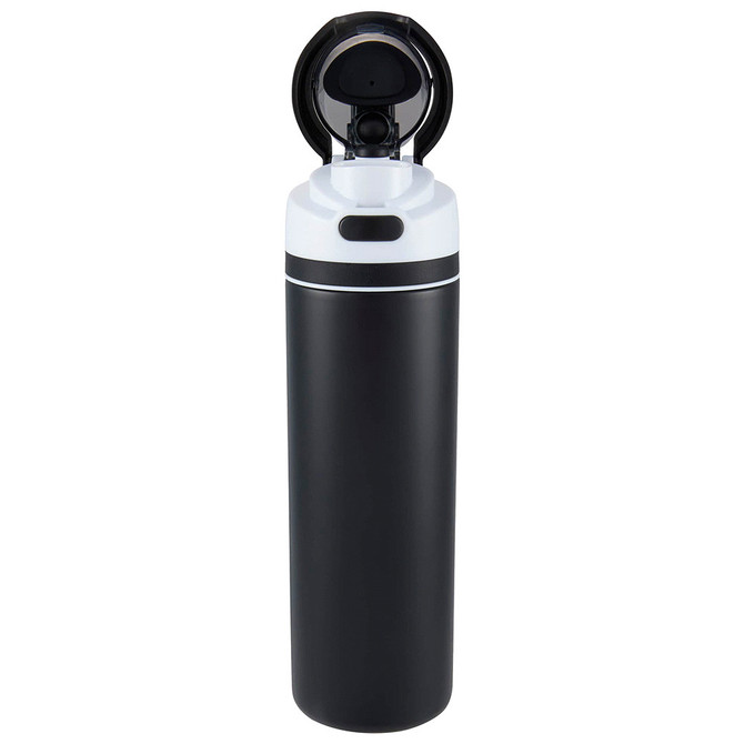 Black water bottle with a carry handle and open lid