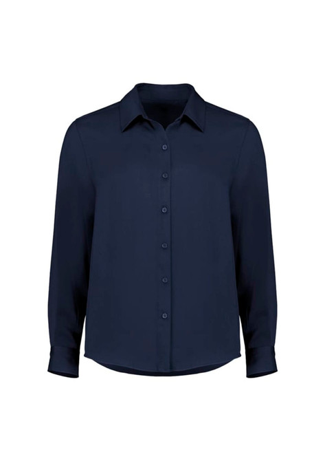 A navy long sleeve women's shirt featuring a collar and button front, with a simple design and branding present.