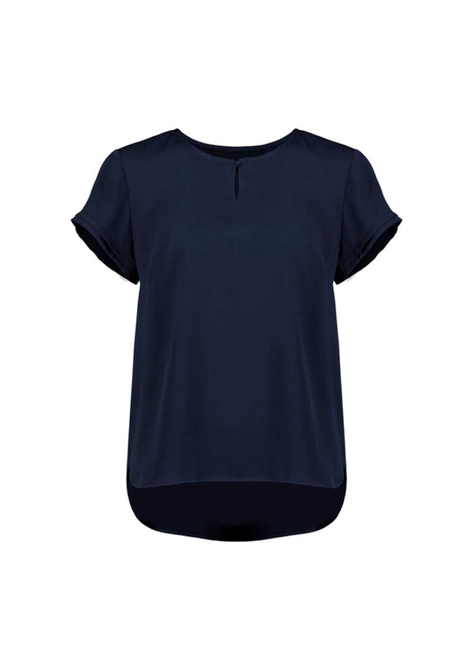 A navy blue women's short sleeve blouse with a round neckline and rolled sleeves, featuring a slightly longer back.