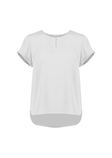 A light grey short sleeve blouse with a round neckline and a slightly longer back hem. It features rolled sleeves and has a logo.