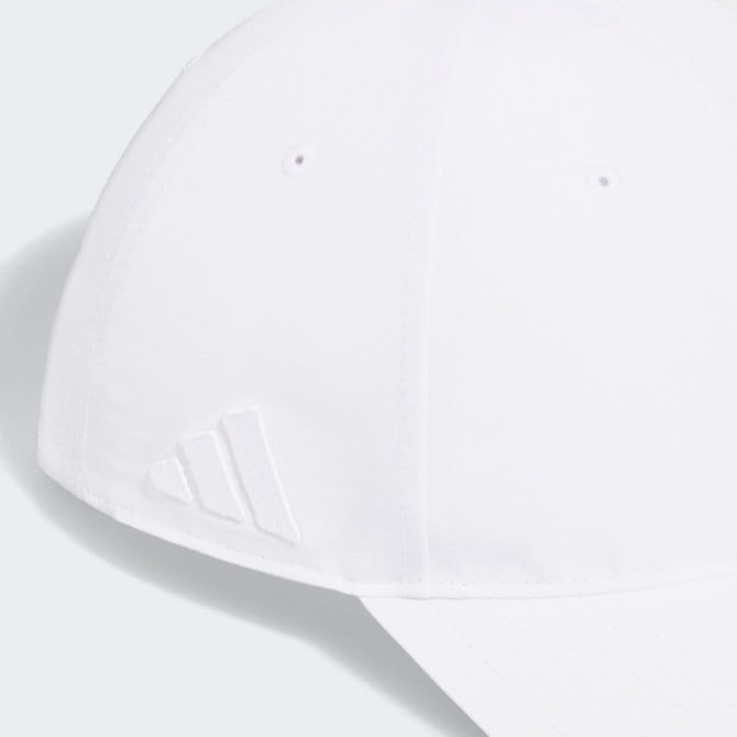 A white Adidas Performance golf cap featuring a branded logo on the side and a classic six-panel design.