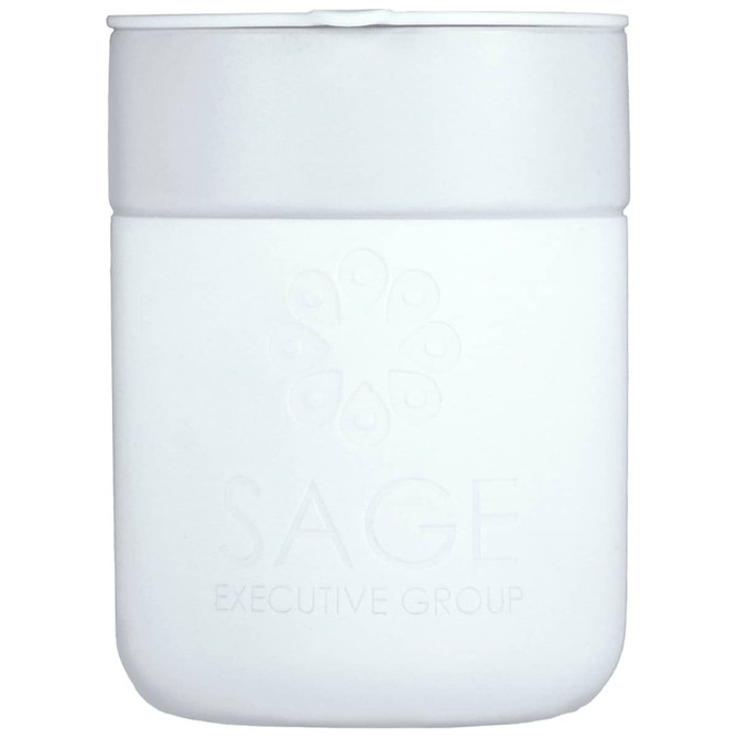 A drink bottle featuring a white ceramic design with a silicone wrap and an embossed logo.