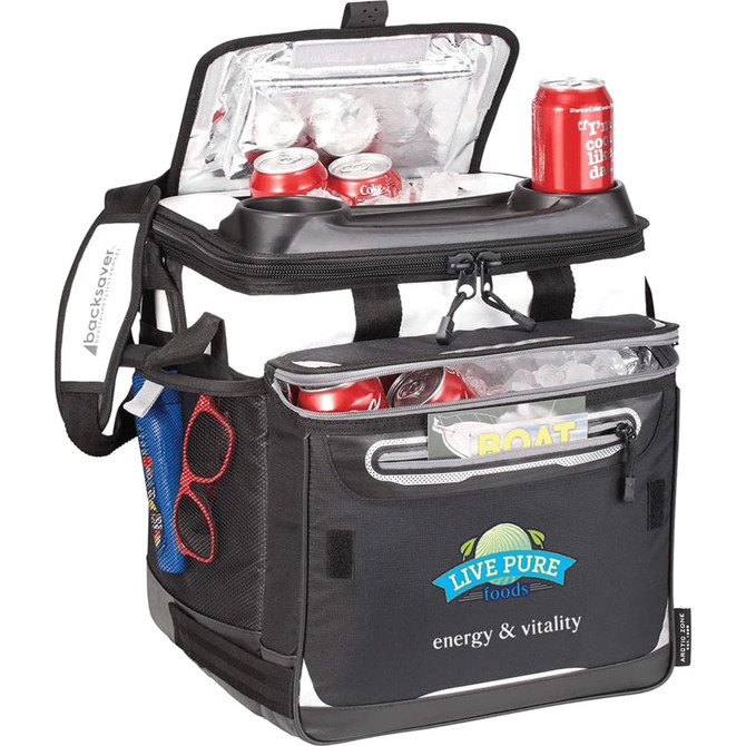 A black cooler bag with two compartments, filled with drinks, ice packs, and a couple of accessories. It has a logo.