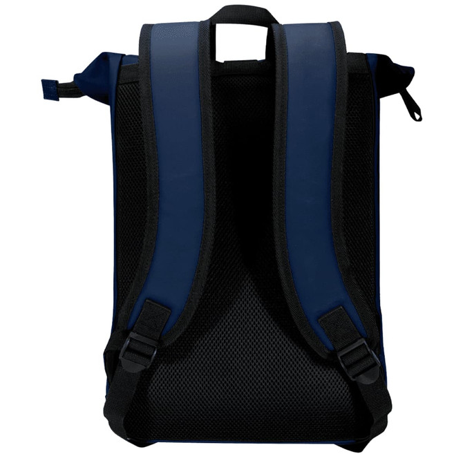 A navy blue roll-top backpack with padded straps and a mesh back for comfort. It features a logo on the exterior.