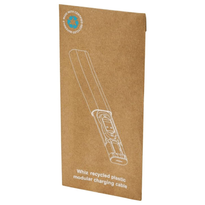 A modular charging cable packaged in eco-friendly cardboard, featuring a logo and a sleek design, predominantly in earthy tones.
