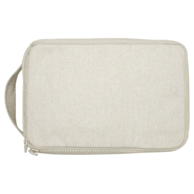 A toiletry organiser in a light beige fabric with a zip closure and a carrying handle. Features a logo.