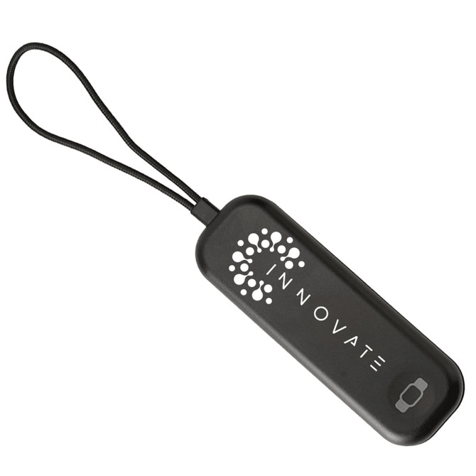 A black portable device with a lanyard and a logo. It has a sleek, rectangular shape.