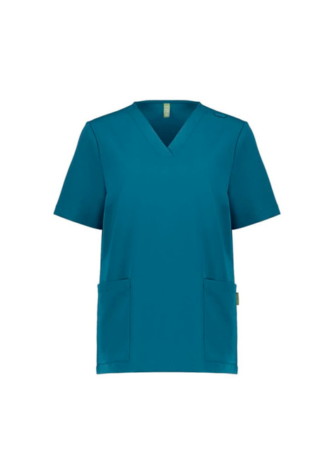 A teal women's V-neck scrub top with short sleeves and two front pockets. The top features a logo.
