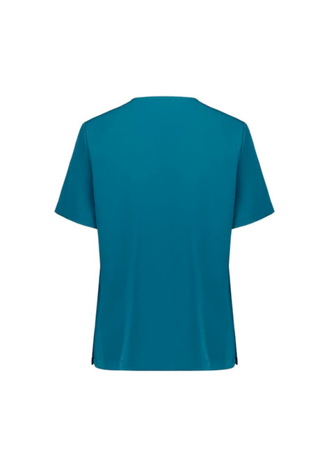 A teal women's scrub top with short sleeves and a V-neck design, featuring side slits and a branding logo.