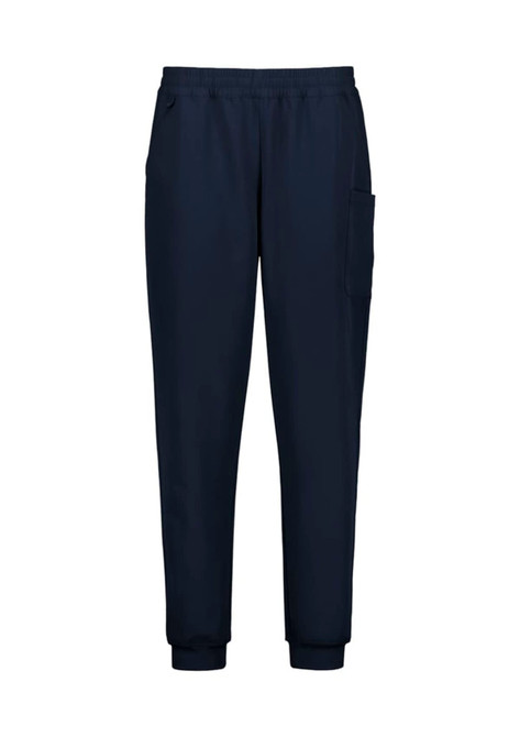 Navy jogger scrub pants featuring an elastic waistband and side pockets, with a logo on the side.