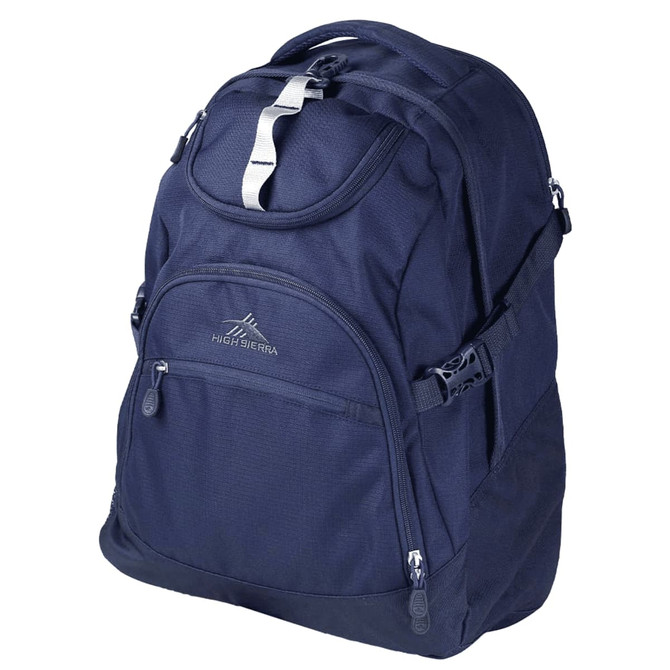 A navy blue backpack with multiple compartments, zippers, and a logo on the front.