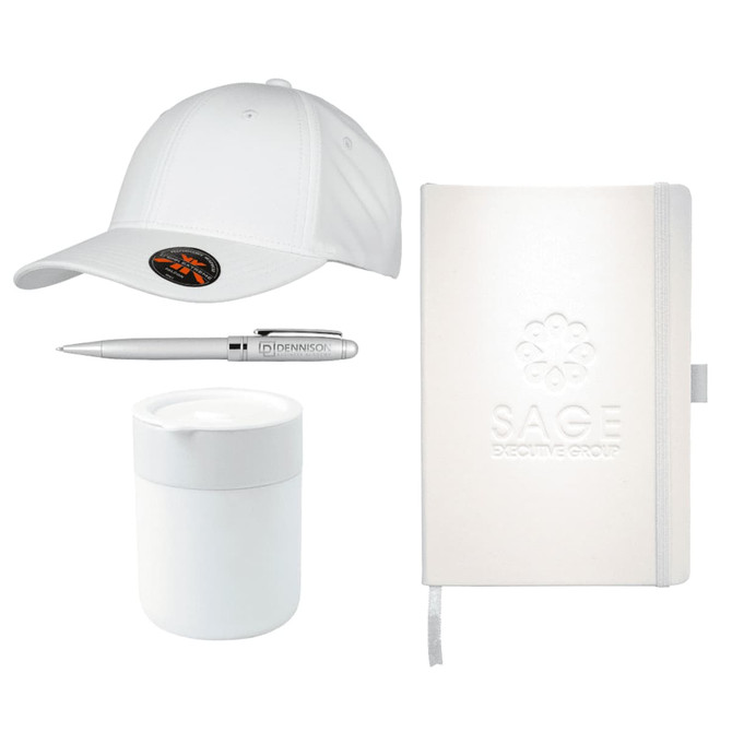 A white cap, a silver pen, a white mug, and a white notebook with a logo.