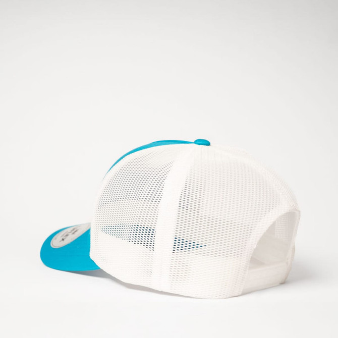A five-panel trucker cap in white and turquoise with a mesh back and a curved peak.