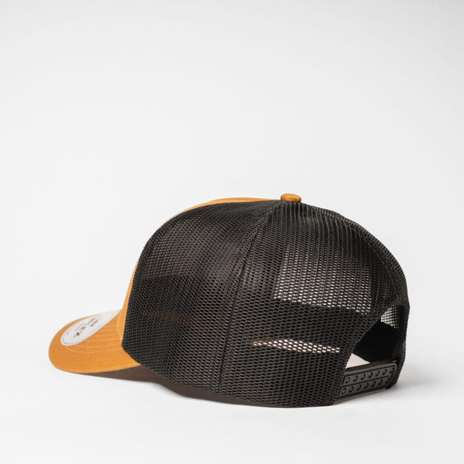 A five-panel trucker cap featuring an orange front and a black mesh back, with an adjustable strap and a logo.