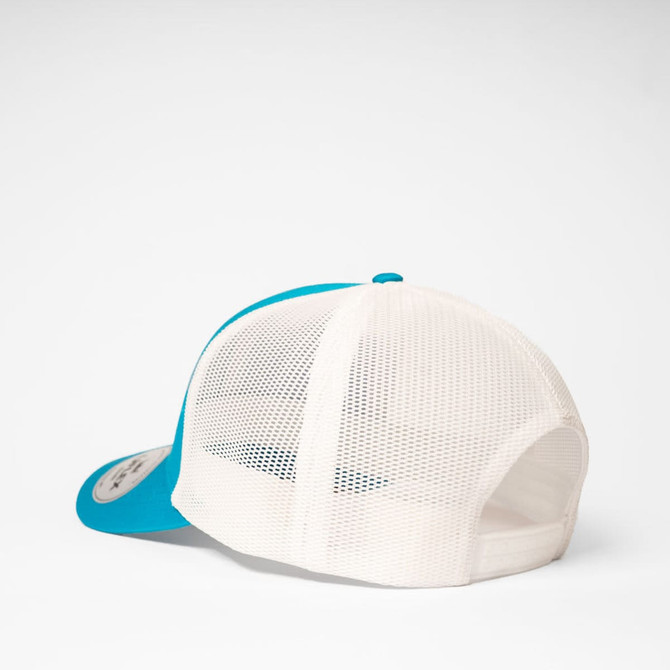 A blue and white UFlex Classic Ultra-lite 6 Panel Trucker Cap with a mesh back and curved brim.